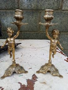 1950/60s Brass Cherub Candlesticks