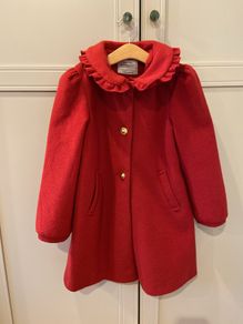 Red winter coat with gold buttons and bow 7-8 years
