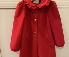 Red winter coat with gold buttons and bow 7-8 years