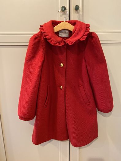 Red winter coat with gold buttons and bow 7-8 years