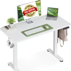 Standing Desk, Small Height Adjustable Desk with 3 Memory Heights 100cm Electric Sit Stand Table for Home Office Workstation, Compact Rising Computer Table for Small Spaces, White