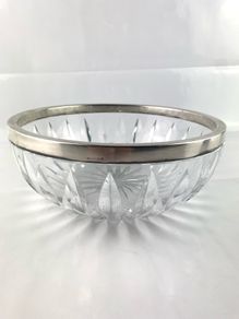 Vintage crystal serving bowl with silver rim
