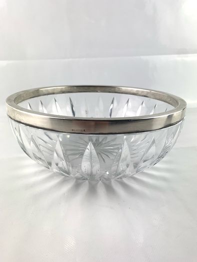 Vintage crystal serving bowl with silver rim