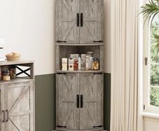 165cm Tall Corner Storage Cabinet with Barn Doors, 5-Tier Farmhouse Corner Cabinet for Living Room, 4 Wooden Doors and 5 Shelves, Space Saving Freestanding Sideboard for Home, Kitchen,Gray