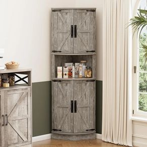 165cm Tall Corner Storage Cabinet with Barn Doors, 5-Tier Farmhouse Corner Cabinet for Living Room, 4 Wooden Doors and 5 Shelves, Space Saving Freestanding Sideboard for Home, Kitchen,Gray