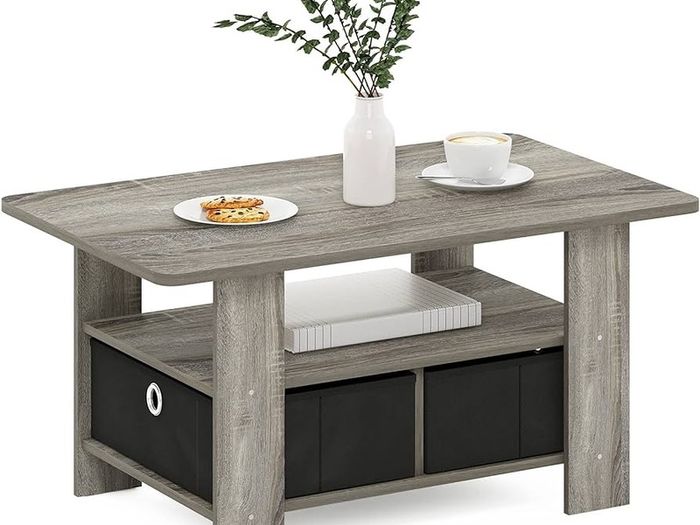 FREE EXPRESS SHIPPING Andrey Coffee Table with Bin Drawer, French Oak/Black