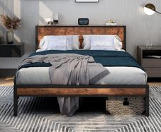 Metal King Size Bed Frame with Storage Wooden Headboard
