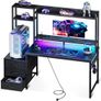 Gaming Desk with Drawers & Display Shelves, 120x48 cm Computer Desk with LED Lights & Sockets, Reversible PC Gaming Table with Monitor Stand, Carbon Fiber Black Image 3