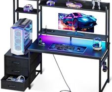 Gaming Desk with Drawers & Display Shelves, 120x48 cm Computer Desk with LED Lights & Sockets, Reversible PC Gaming Table with Monitor Stand, Carbon Fiber Black