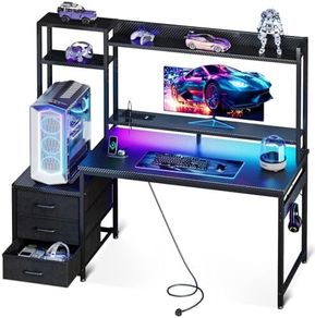 Gaming Desk with Drawers & Display Shelves, 120x48 cm Computer Desk with LED Lights & Sockets, Reversible PC Gaming Table with Monitor Stand, Carbon Fiber Black