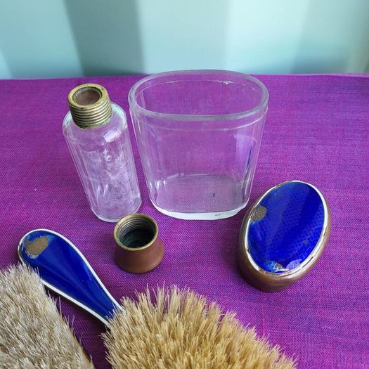 Vintage Glass & Cornflower Blue Enamel vanity set.