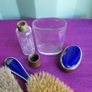 Vintage Glass & Cornflower Blue Enamel vanity set. Image 4
