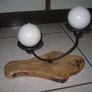 Brand new Hand Made Cast Iron Candle holders on wooden hand carved base - 2 New Candles included Image 3