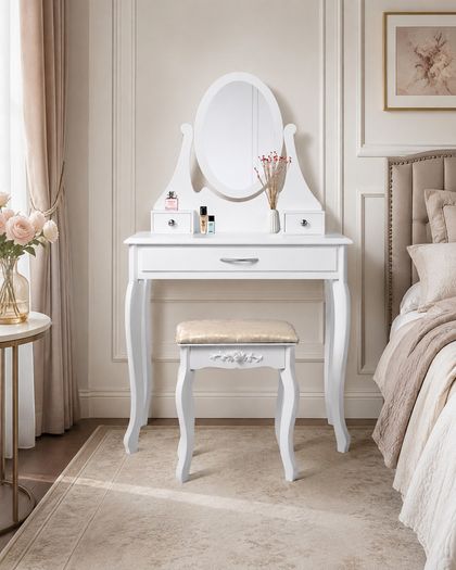 White Dressing Table with Oval Mirror Stool and 3 Drawers