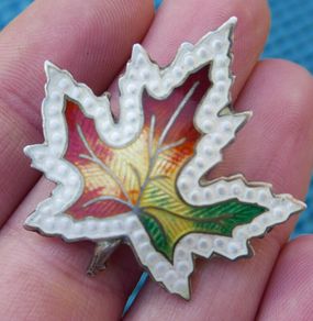 Antique  Large Sterling Silver Enamel Maple Leaf Brooch