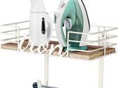 Ironing Board Hanger Wall Mount - Laundry Room Iron and Ironing Board Holder, Metal Wall Mount with Large Storage Wooden Base Basket and Removable Hooks (White)