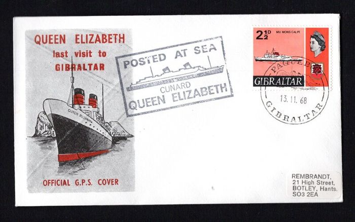 1968 Gibraltar Cover Celebrating last visit to Gibraltar of the The Cunard Queen Elizabeth 2 with Paquebot cancel and posted on board cancel
