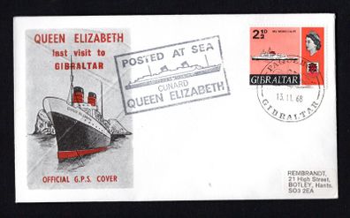 1968 Gibraltar Cover Celebrating last visit to Gibraltar of the The Cunard Queen Elizabeth 2 with Paquebot cancel and posted on board cancel