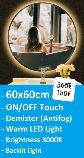 LED Bathroom Mirror 60cm Circle Round Touch Switch Antifog