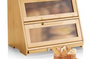 Double Layer Bread Box for Kitchen Counter, Large Capacity Bamboo Bread Storage Container, Farmhouse Wooden Breadbox for Homemade Bread, Storage Holder Bin with Acrylic Wavy Door Panel, Natural
