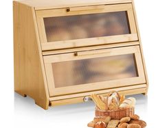 Double Layer Bread Box for Kitchen Counter, Large Capacity Bamboo Bread Storage Container, Farmhouse Wooden Breadbox for Homemade Bread, Storage Holder Bin with Acrylic Wavy Door Panel, Natural