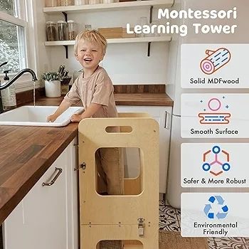 Learning Tower for Children, Foldable Montessori Learning Tower, 3 in 1 Learning Stool with Blackboard, Montessori Kitchen Helper Learning Tower from 18 Months (Wood)