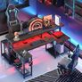 181CM L-Shaped Gaming Desk with RGB LED Lights, Power Outlets, USB Ports, Carbon Fibre Surface, Monitor Stand, Storage Shelf, Cup Holder & Headset Hook Image 6