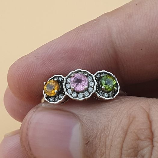 Vintage 925 Sterling Silver Multi-Stone Tourmaline Adjustable Ring