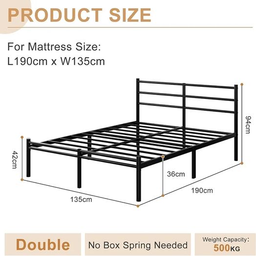 Double Bed Frame with Headboard and Footboard 4ft6 Metal Platform Bed Frame, 36 cm High, Modern Style, Under Bed Storage, Noise Free, Easy Assembly, Black