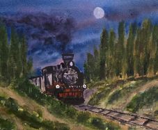 moon train watercolour