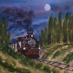 moon train watercolour