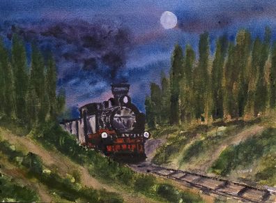 moon train watercolour