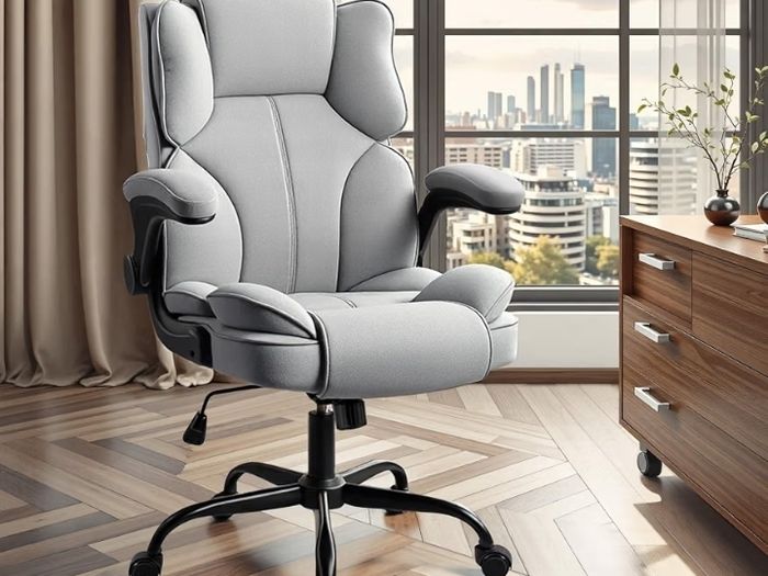 Office Chair with Flip-Up Arms for Home Office,Grey  Thick Padded Seat, Supportive Backrest, Ergonomic Design,  Rocking, 10cm Height Adjustment, 150kg Capacity
