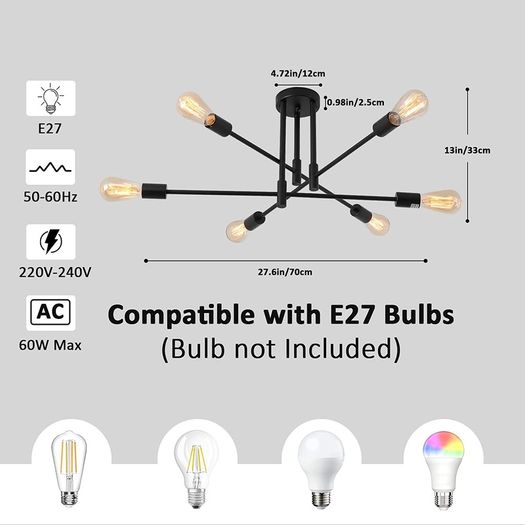 Modern Light Fixture Sputnik Chandeliers 6 Light E27 Mid Century Ceiling Light Fixture Industrial Semi Flush Mount Pendant Light for Office Living Room Bedroom Dining Kitchen (FREE POSTAGE)