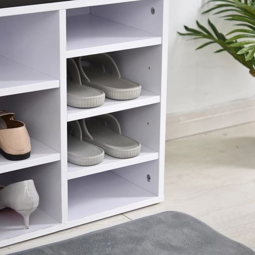 Multi-Storage Shoe Rack w/ 14 Compartments Cushion Moving Shelves Solid Frame Foot Pads Home Office Tidy Organisation Boots Trainers White