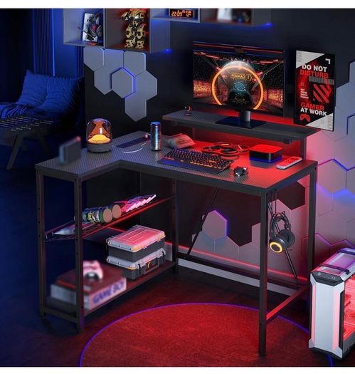 106.5CM L-Shaped Gaming Desk with RGB LED Lights Carbon Fibre Surface, 3 Power Outlets & 2 USB Ports, Reversible Corner Desk with Shelves & Hooks for Home Office & Small Spaces