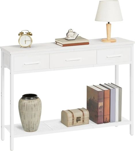 Console Table with 3 Fabric Drawers, Narrow Console Table with Open Shelf, 97 cm L Slim Entryway Table, Couch Table, for Hallway, Living Room, Bedroom, White