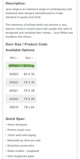 DORAS Java White Shaker 1 Lite Internal Door