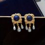 Vintage Style Blue Stone Faux Pearl Drop Gold Earrings Image 2