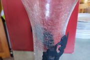 Vintage Art Nouveau  Clear Crackle Glass Vase (unmarked) w/ Ornate black metal Base / Holder.