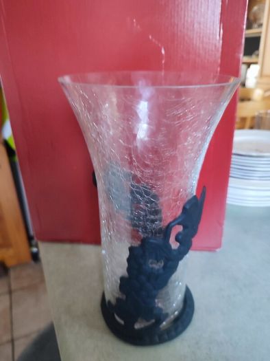 Vintage Art Nouveau  Clear Crackle Glass Vase (unmarked) w/ Ornate black metal Base / Holder.