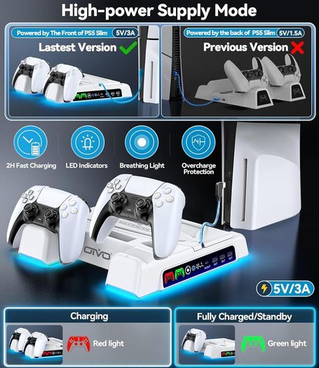 PS5/Slim/Pro Stand and Cooling Station with LED Controller Charging Station for PlayStation 5 Console, Controller Charger, Cooling Stand, PS5/Slim/Pro Accessories Kit with 3 Level Cooler Fan