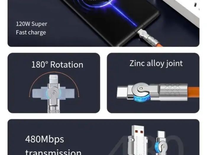 120W 6A 180 Degree Rotating Super Fast Charge Cable Mobile USB to Type C Charger For Samsung