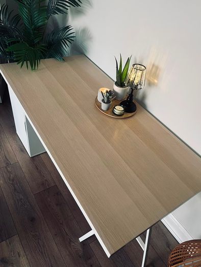 Modern IKEA Desk!!! Top: Light wood/oak effectBase: White storage cabinet + trestle leg.Style: Minimalist / Scandinavian.Perfect for home office or student room.Size L150cm ,W75cm