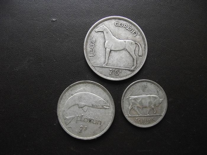 1939 Irish Republic. Set of 3 Silver Coins: Half Crown&Florin&Shilling