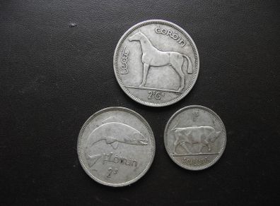 1939 Irish Republic. Set of 3 Silver Coins: Half Crown&Florin&Shilling