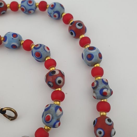 Antique Venetian Style Blue Skunk Eyes & Red Venetian WhiteHeart Glass Beads Necklace