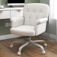 Home Office Desk Chair, Comfy Upholstered Fuzzy Vanity Chair with Wheels and Arms, Teddy Velvet Cute Adjustable Swivel Computer Seat for Living Room, Bedroom, Make Up and Salon, White