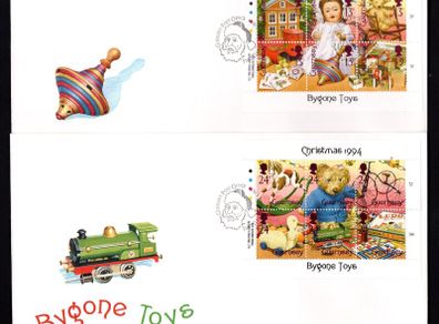 1994 Guernsey Christmas: Bygone Tops Commemorative Stamps Miniature Sheets Official 2 First Day Cover (FDC)