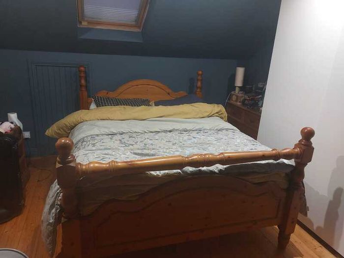 Pine Bed + mattress with FREE lockers and dresser for sale